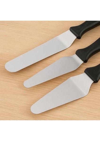 3 Lü Spatula Seti - Paslanmaz Çelik, Plastik Saplı, Pasta, Kek ve Için Profesyonel Spatula Takımı