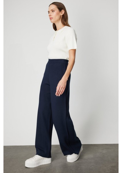 Kadın Cebi Taş Detaylı Bol Paça Triko Pantolon 63919 Lacivert fiyatları
