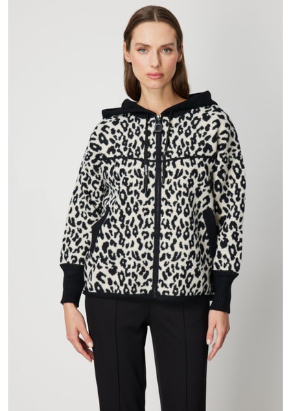 Kadın Leopar Desenli Kapüşonlu Hırka 60943 Siyah