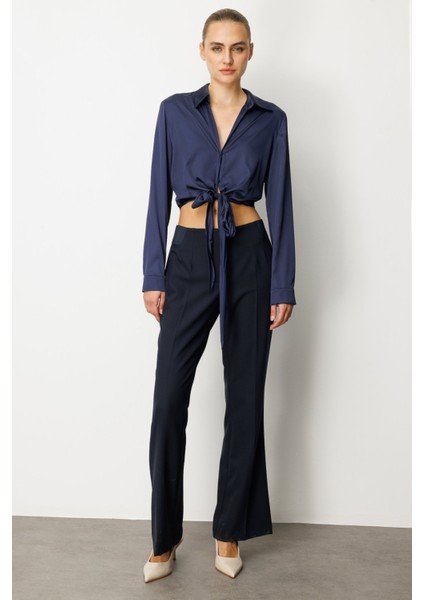 Kadın Beli Kalın Lastikli Ispanyol Paça Pantolon 1105 Lacivert