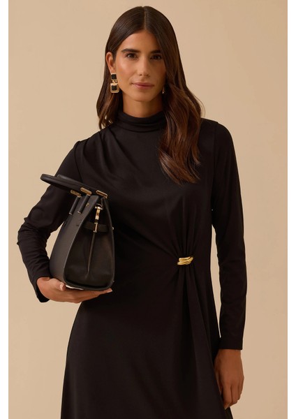 Kadın Metal Aksesuarlı Drapeli Elbise 1025 Siyah fiyatları