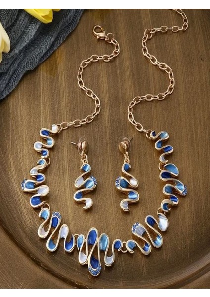 Taşlı Geometrik Kolye Küpe Seti