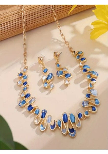 Taşlı Geometrik Kolye Küpe Seti