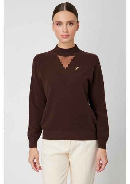 Kadın Yakası Tül Detaylı Pamuklu Triko Kazak 60342 Kahverengi