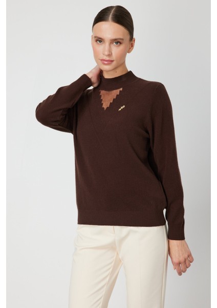 Kadın Yakası Tül Detaylı Pamuklu Triko Kazak 60342 Kahverengi fiyatları