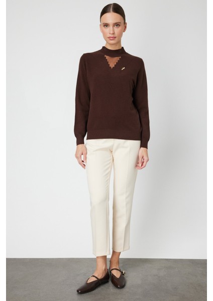 Kadın Yakası Tül Detaylı Pamuklu Triko Kazak 60342 Kahverengi modelleri