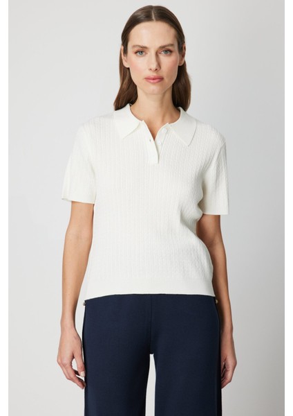 Kadın Örgülü Kısa Kollu Triko Kazak 60314 Ekru