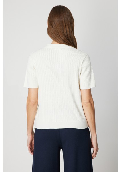 Kadın Örgülü Kısa Kollu Triko Kazak 60314 Ekru fırsatları