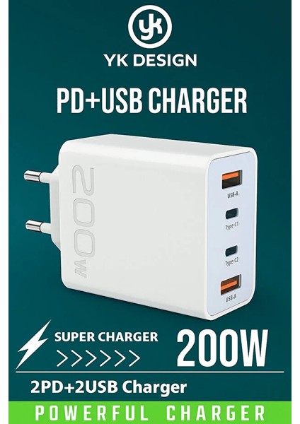 Yk Desing 200W Yüksek Güç Çoklu Port 2×usb + 2×type-C Pd/qc Hızlı Şarj Cihazı - 4 Port Çok Fonksiyonlu Adaptör