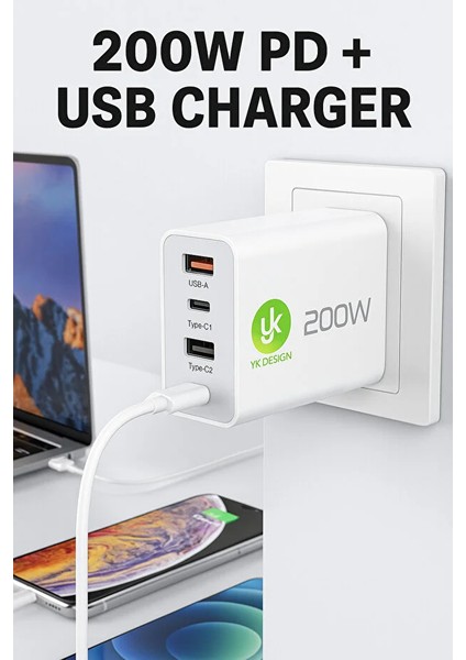 Yk Desing 200W Yüksek Güç Çoklu Port 2×usb + 2×type-C Pd/qc Hızlı Şarj Cihazı - 4 Port Çok Fonksiyonlu Adaptör fiyatları