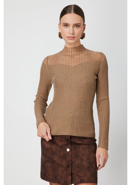 Kadın Yakası Transparan Taşlı Triko Kazak 60340 Camel