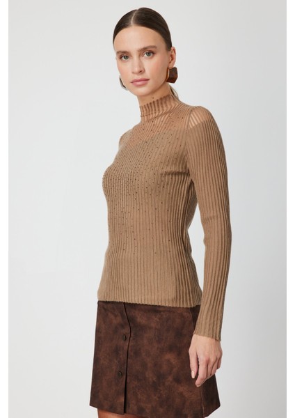 Kadın Yakası Transparan Taşlı Triko Kazak 60340 Camel fiyatları