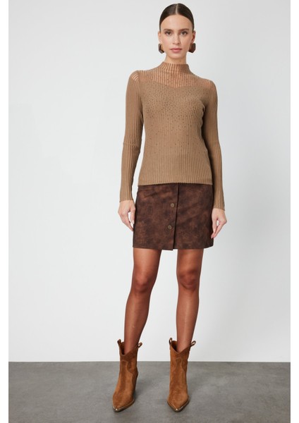 Kadın Yakası Transparan Taşlı Triko Kazak 60340 Camel modelleri