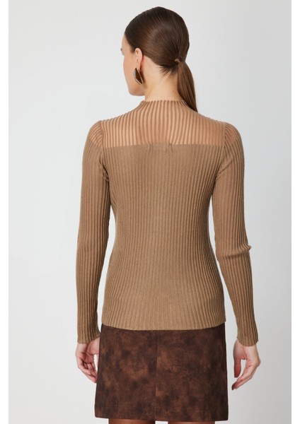 Kadın Yakası Transparan Taşlı Triko Kazak 60340 Camel fırsatları