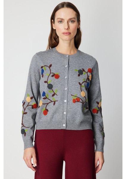 Kadın Sıfır Yaka Işlemeli Triko Hırka 60940 Gri