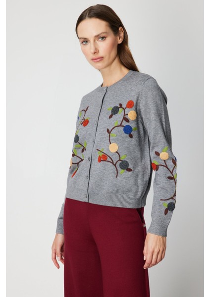 Kadın Sıfır Yaka Işlemeli Triko Hırka 60940 Gri fiyatları