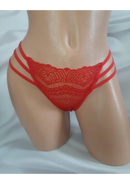 yeniyıl Kırmızı Dantelli Yanları Şeritli Arkası Sırf Dantelden Oluşan Kadın Brezilian Külot %90 Cotton %10 Elastan modelleri