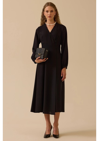 Kadın Düğme Detaylı Kruvaze Elbise 0005 Siyah