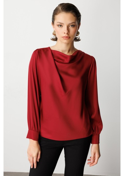 Kadın Degaje Yaka Uzun Kollu Bluz 3029 Bordo