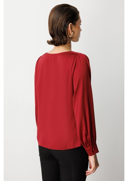 Kadın Degaje Yaka Uzun Kollu Bluz 3029 Bordo fırsatları