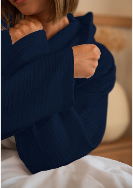 % 100 Pamuk 4 Kat Müslin Ünisex Kapşonlu Bornoz Lacivert S/m modelleri