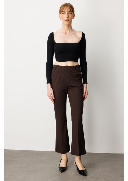 Kadın Boncuk Detaylı Ispanyol Paça Pantolon 1083 Kahverengi