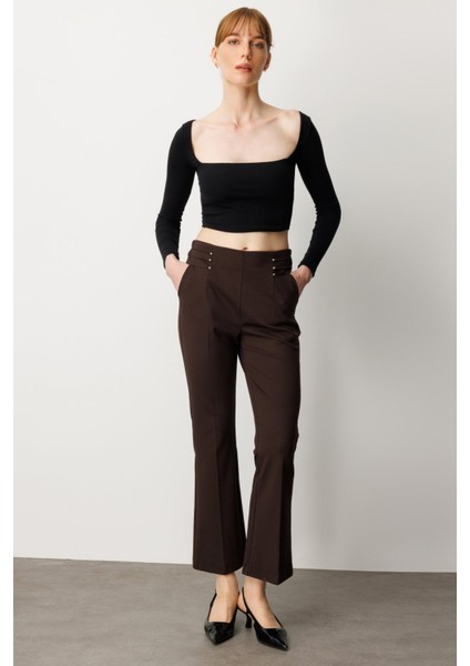 Kadın Boncuk Detaylı Ispanyol Paça Pantolon 1083 Kahverengi fiyatları