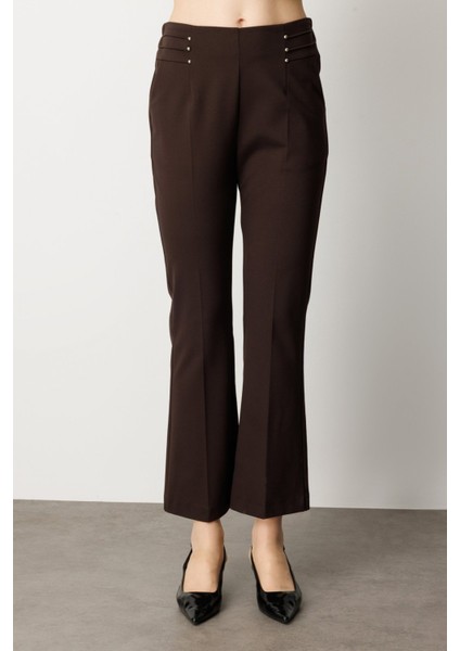 Kadın Boncuk Detaylı Ispanyol Paça Pantolon 1083 Kahverengi modelleri