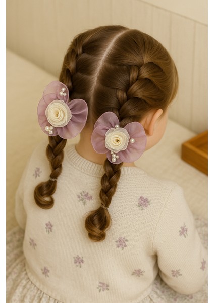 Mor Organze Çiçekli ve Inci Detaylı Saç Tokası – 2’li Set | El Yapımı