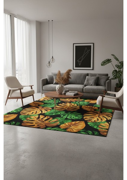 Modern Tropikal Yaprak Desenli Yıkanabilir Halı | Kaymaz Taban Salon Mutfak Halısı