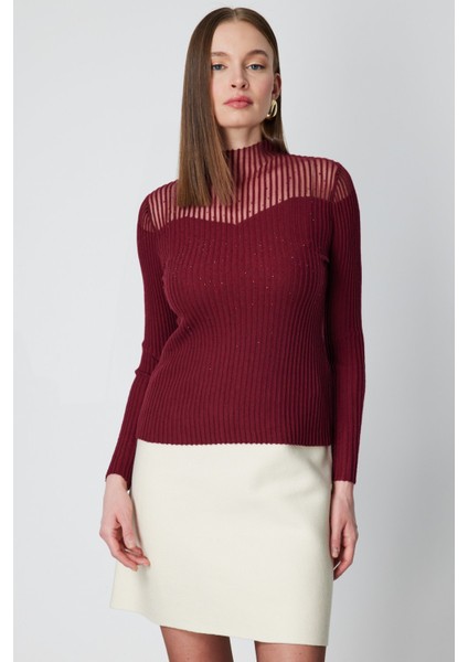 Kadın Yakası Transparan Taşlı Triko Kazak 60340 Kırmızı