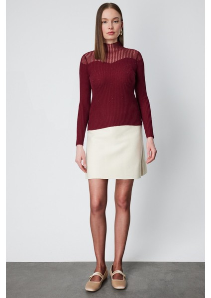 Kadın Yakası Transparan Taşlı Triko Kazak 60340 Kırmızı modelleri