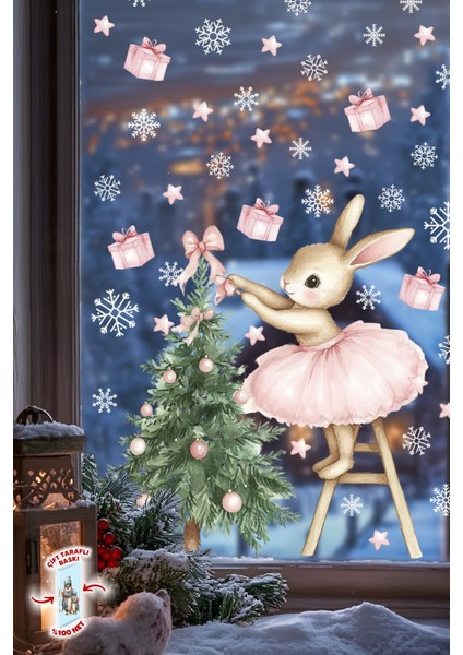 Çift Taraflı Sevimli Tavşan ve Çam Ağacı Yılbaşı Cam Sticker Seti – 74 Parça, Çocuk Odası & Yeni Yıl