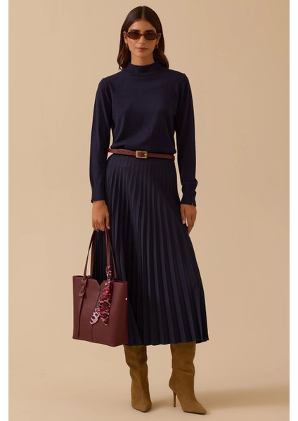 Kadın Esnek Bel Pliseli Basic Etek 1019 Lacivert