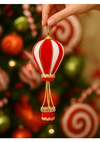 Balon Figürlü Yılbaşı Ağaç Süsü Kadife Yeni Yıl Dekorasyonu Kırmızı Beyaz 25 cm