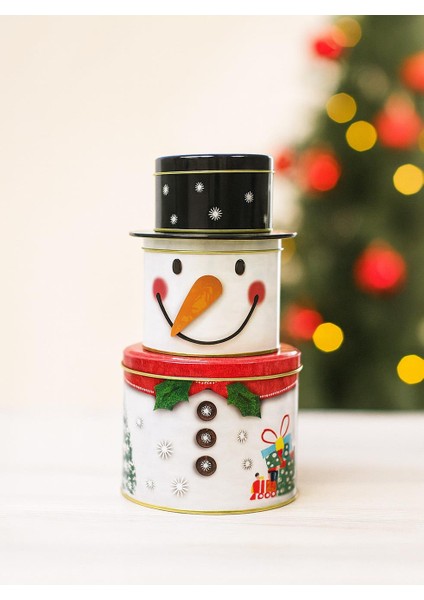 Yılbaşı Temalı Kardan Adam Figürlü Metal Hediye ve Saklama Kutusu 3'lü Set