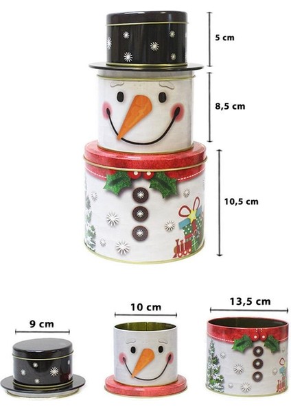 Yılbaşı Temalı Kardan Adam Figürlü Metal Hediye ve Saklama Kutusu 3'lü Set modelleri
