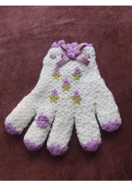 El Işi Lila Beyaz Eldiven Çiçek Desenli Kurdele Detaylı Banyo Lifi