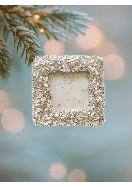 Yılbaşı Ağaç Süsü İnci ve Şampanya Boncuklu Fotoğraf Çerçevesi Asılabilir Dekoratif Süs 12 cm
