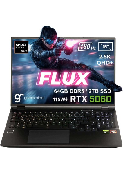 FLUX GR16 AMD Ryzen 9-8940HX 64GB DDR5 2TB SSD RTX 5060 8GB 115W 16 inç 2.5K QHD+ 180Hz FreeDos Gaming Laptop