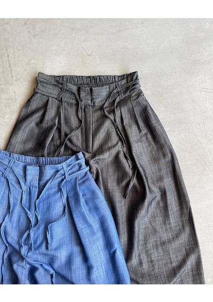 Yüksek Bel Kuşaklı Bol Paça Pantolon