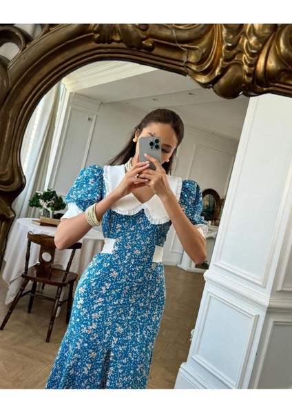 Vintage Çiçekli Yırtmaçlı Maxi Elbise