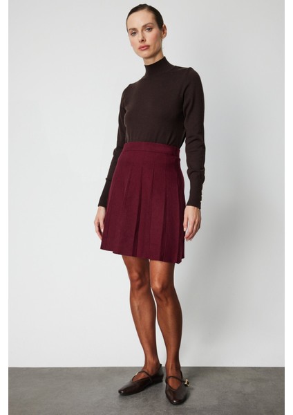 Kadın Pileli Mini Triko Etek 69202 Bordo
