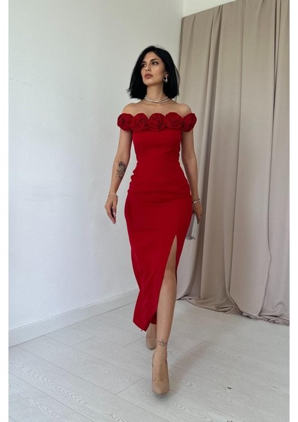 Kırmızı Madonna Yaka Güllü Elbise