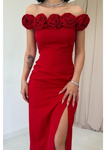 Kırmızı Madonna Yaka Güllü Elbise modelleri