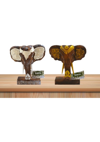 Ahşap Dekoratif Fil Kafa 22 cm 2'li Set Sedefli ve Desenli Fil Kafa Ahşap Otantik El Yapımı 2 Parça Biblo