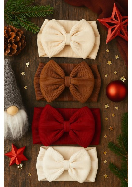 Kız Bebek & Çocuk Fiyonklu Çift Kat Bandana 4'lü Set (Kahverengi/kırmızı/krem/ekru)