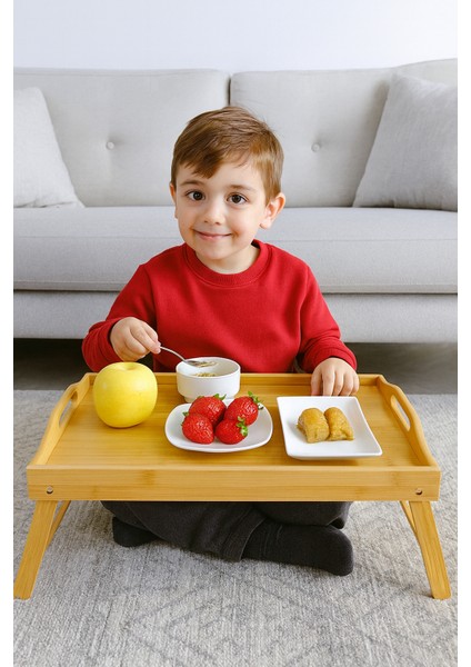 Retro Vintage Ahşap Bambu Çocuk ve Çok Yönlü Ayaklı Servis Tepsisi