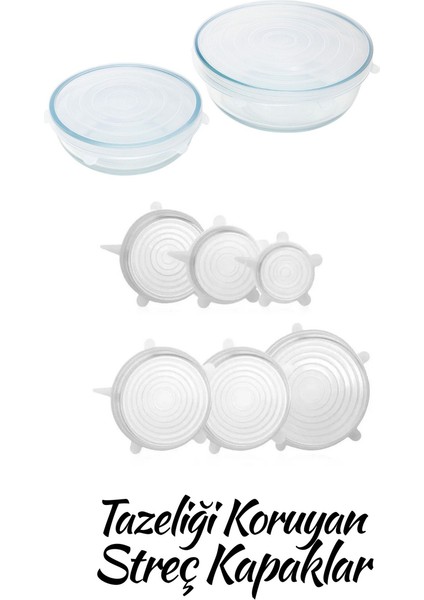 Silikon 2 Boy Yuvarlak Borcam Kapağı ve Silikon Streç Kapak 6'lı Tencere Kupa Bardak Bonesi