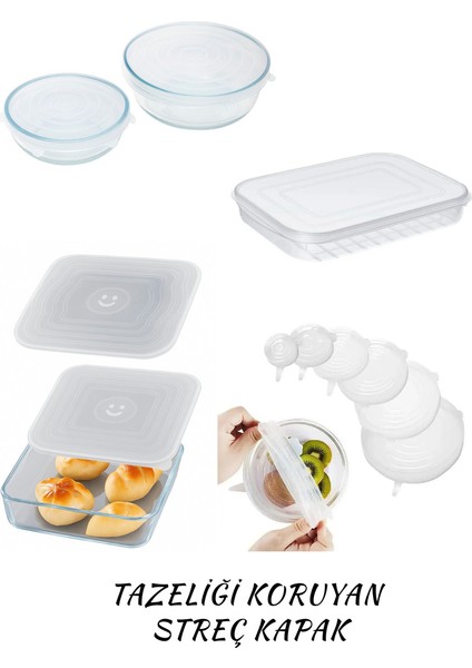 Silikon Dikdörtgen-Yuvarlak-Kare Cam Saklama Kabı Kapakları ve 6'lı Esnek Silikon Kapak